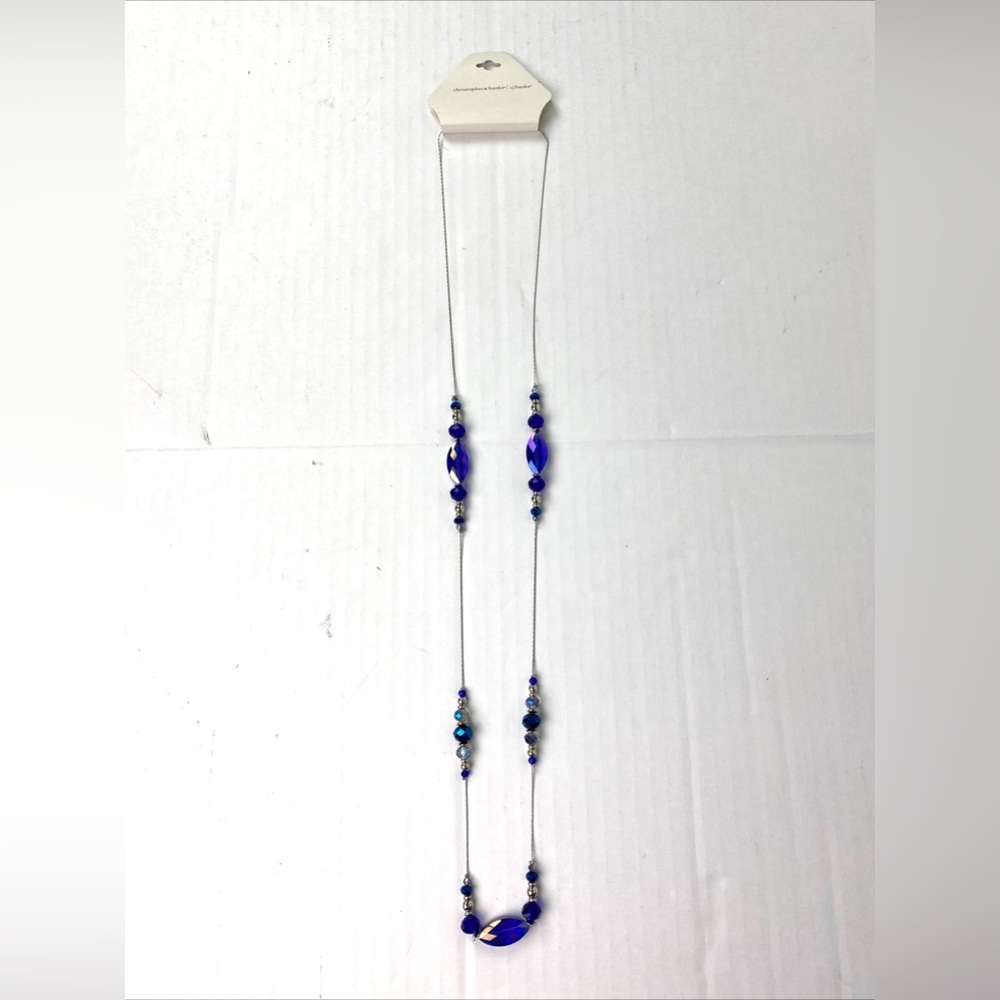 Christopher & Banks Necklace Chain Blue Beaded Long Iridescent Silver Tone New